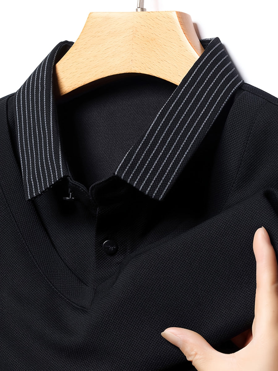 Men'S Shirt Collar Faux Two-Piece Polo Sweater, Suitable for Middle-Aged Men, Commute And Business Gatherings - SINBOS, Knit - Black