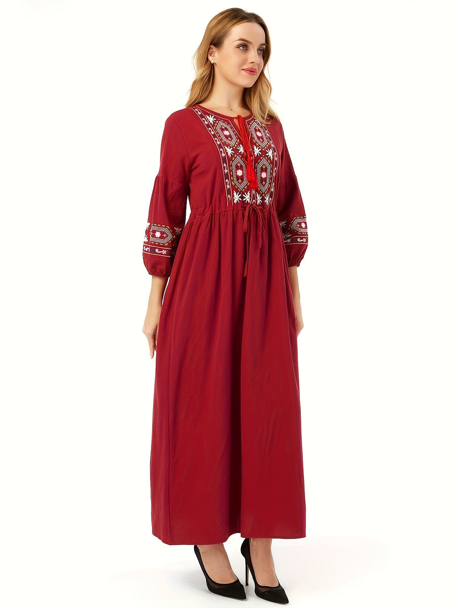 Women's Tie-Neck Floral Geometric Embroidery Drawstring Dress - Red
