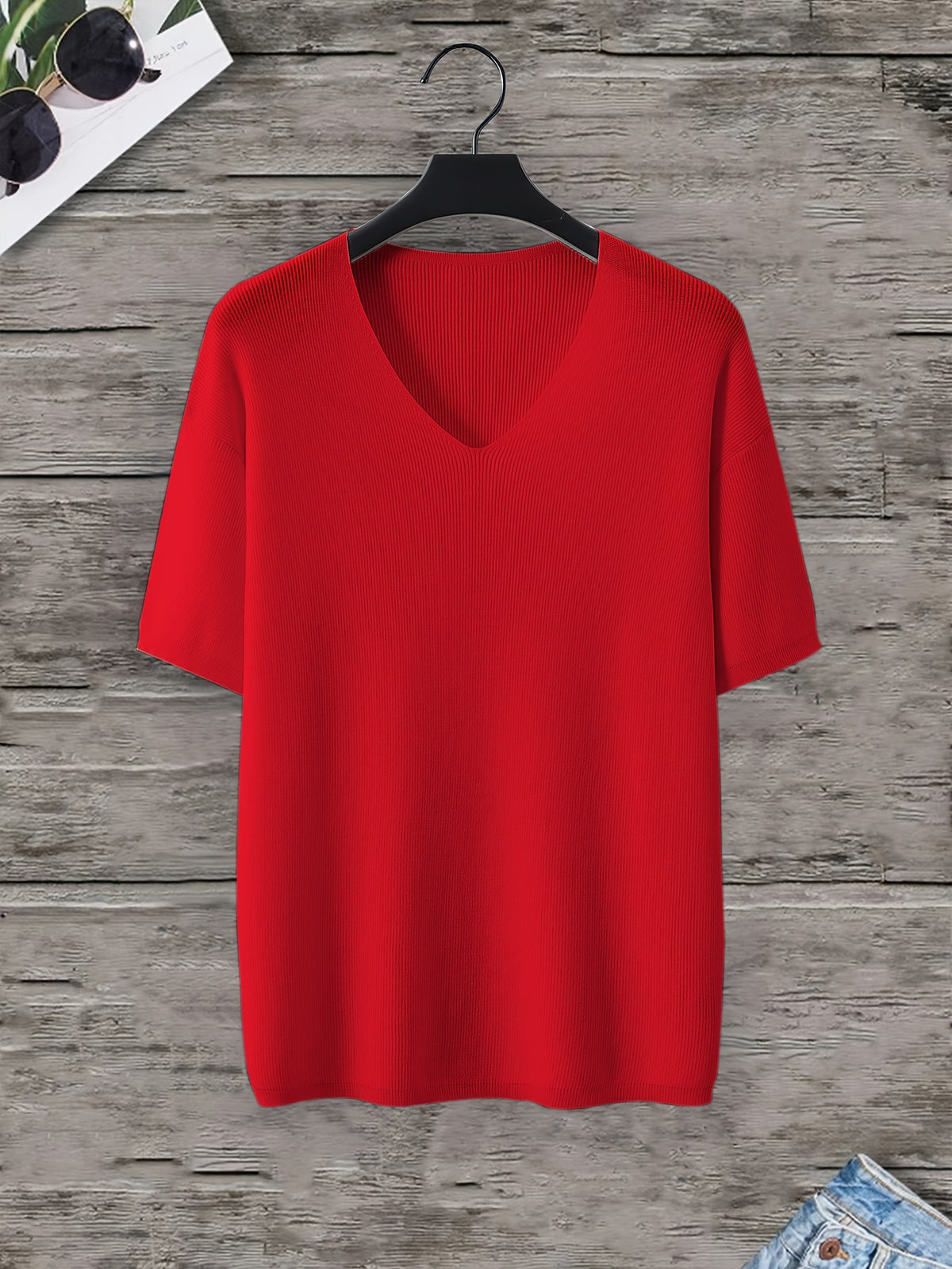 Men'S Loose-Fitting Short-Sleeve Pullover with a V-Neck And Dropped Shoulders, Knit - Red