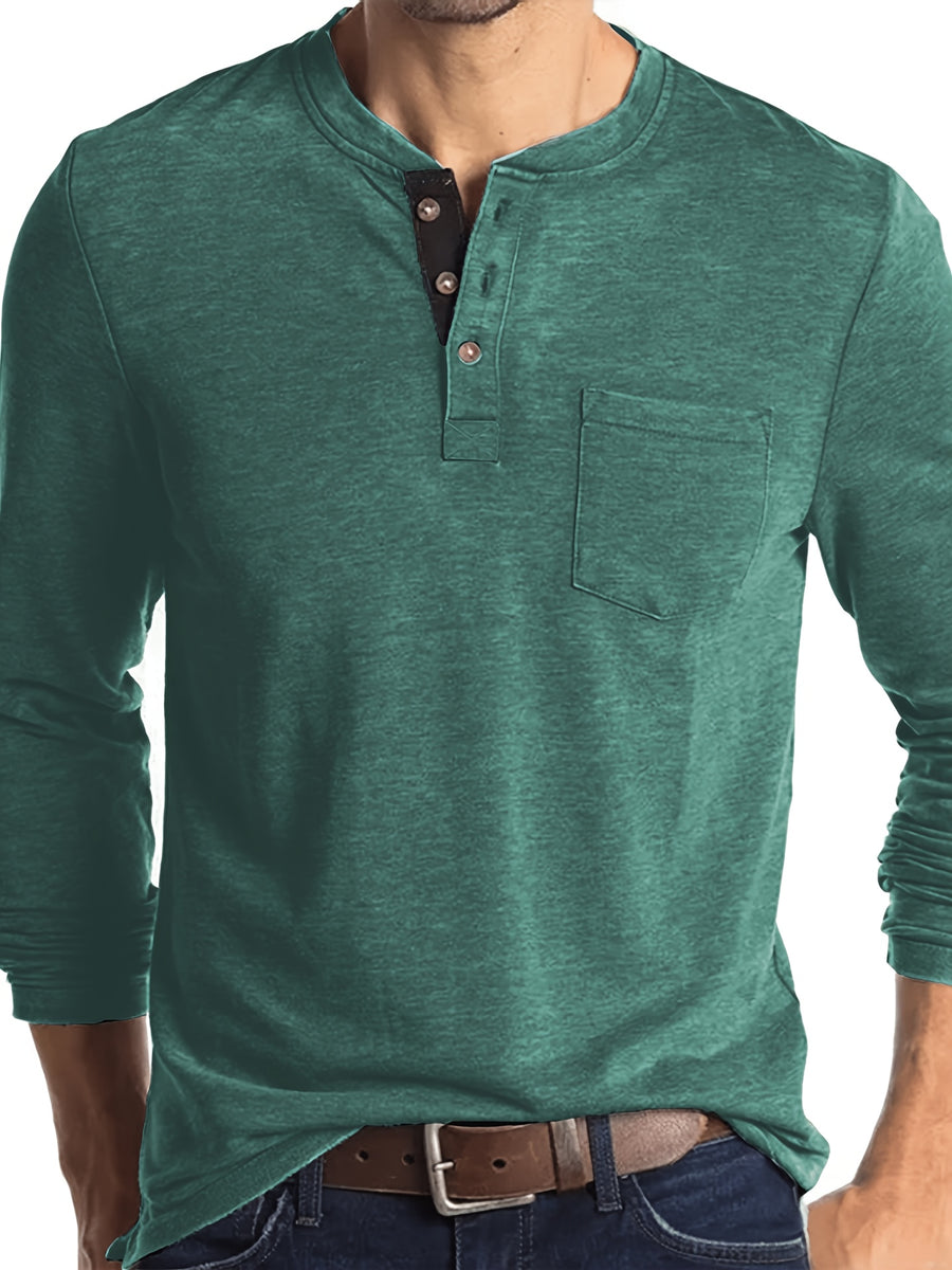 KJ-P026 Plus Size Men'S Summer Henley Long Sleeve Athletic Fitness Multicolor Base Layer T-Shirt - Dark Green