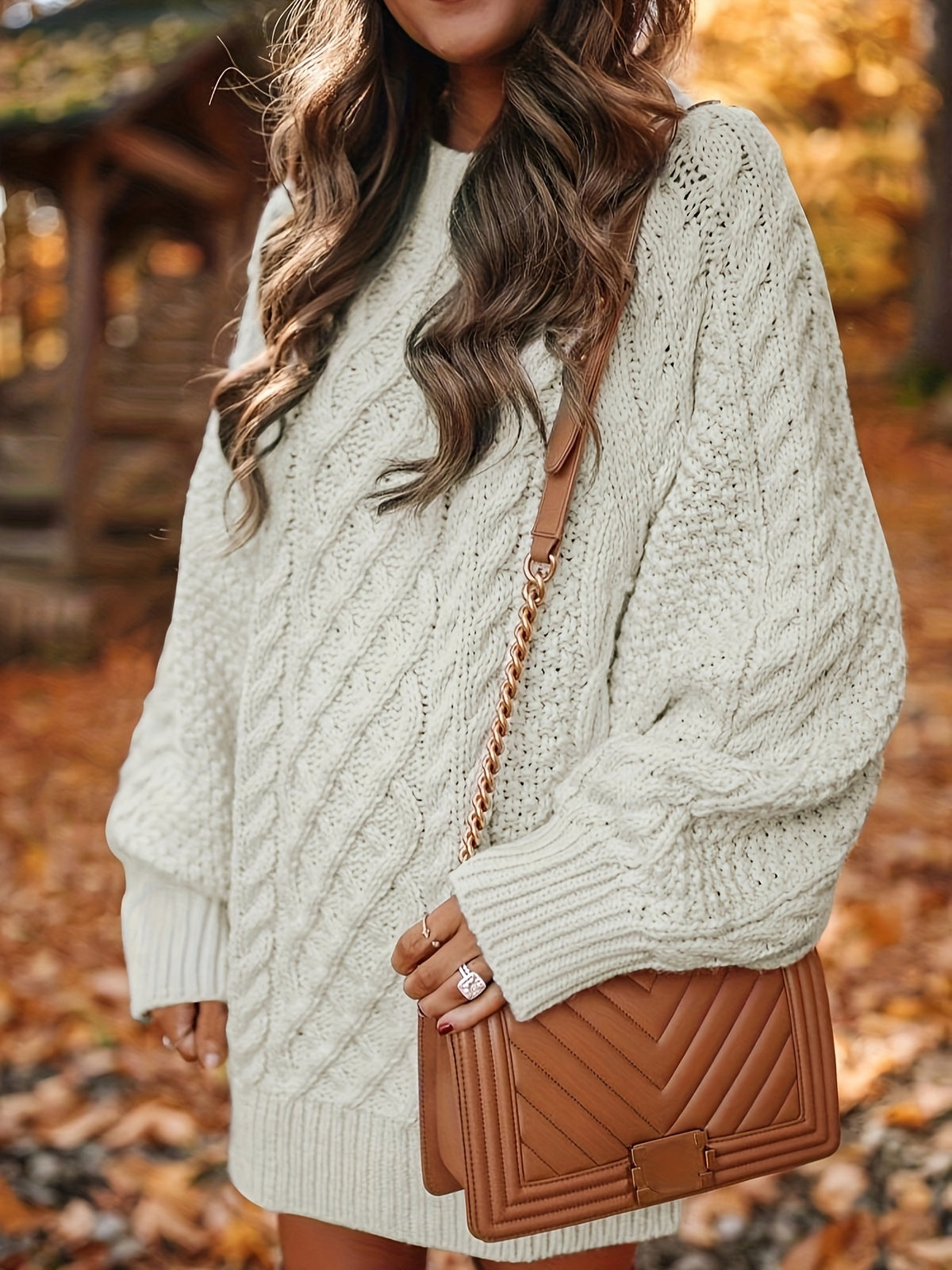 Women's Sweater Dress, Women's Long Sleeve Crew Neck Textured Knitted Dresss - White