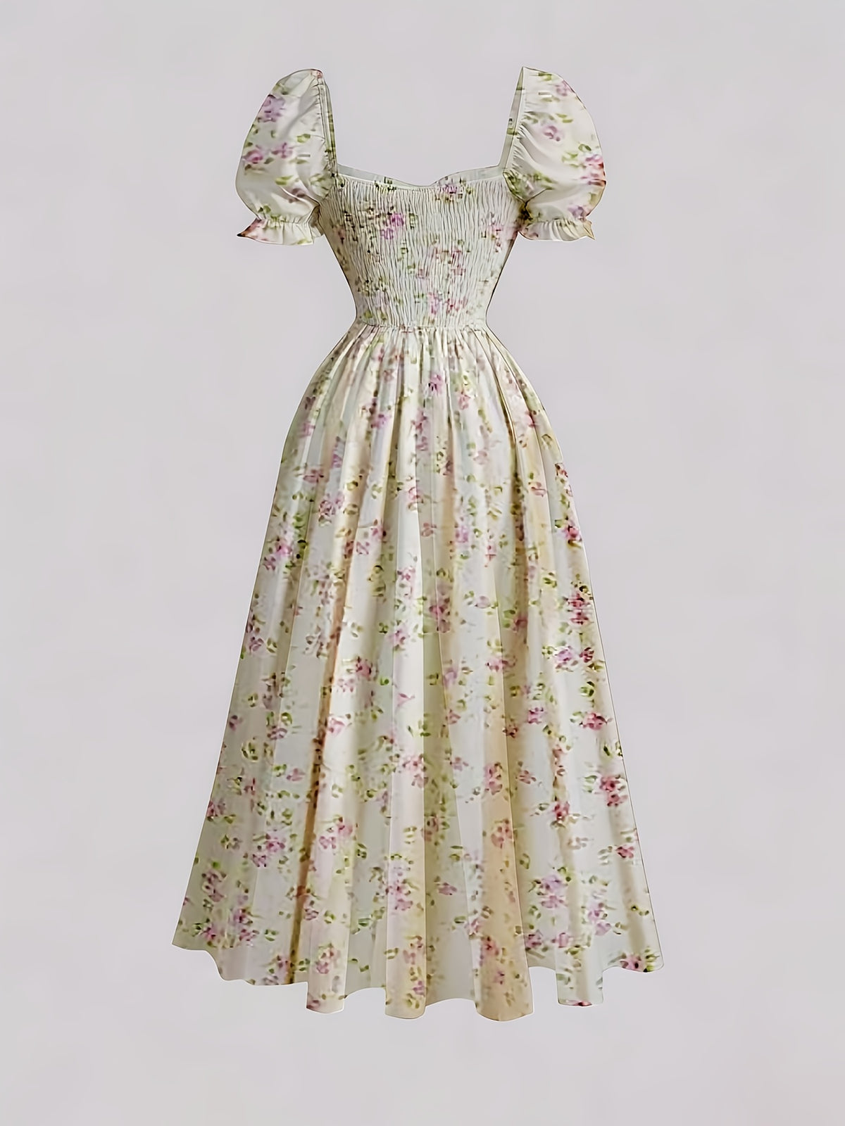 Ladies' New Spring And Summer Elegant Floral Print Long Dress, Bubble Sleeve Design, Front Waist Tie, Back Waist Shirred Waist, Elegant And Flowing, Romantic Long Dress, Suitable for Daily Wear, Party Gatherings, Vacation Holidays - 【Light Yellow】