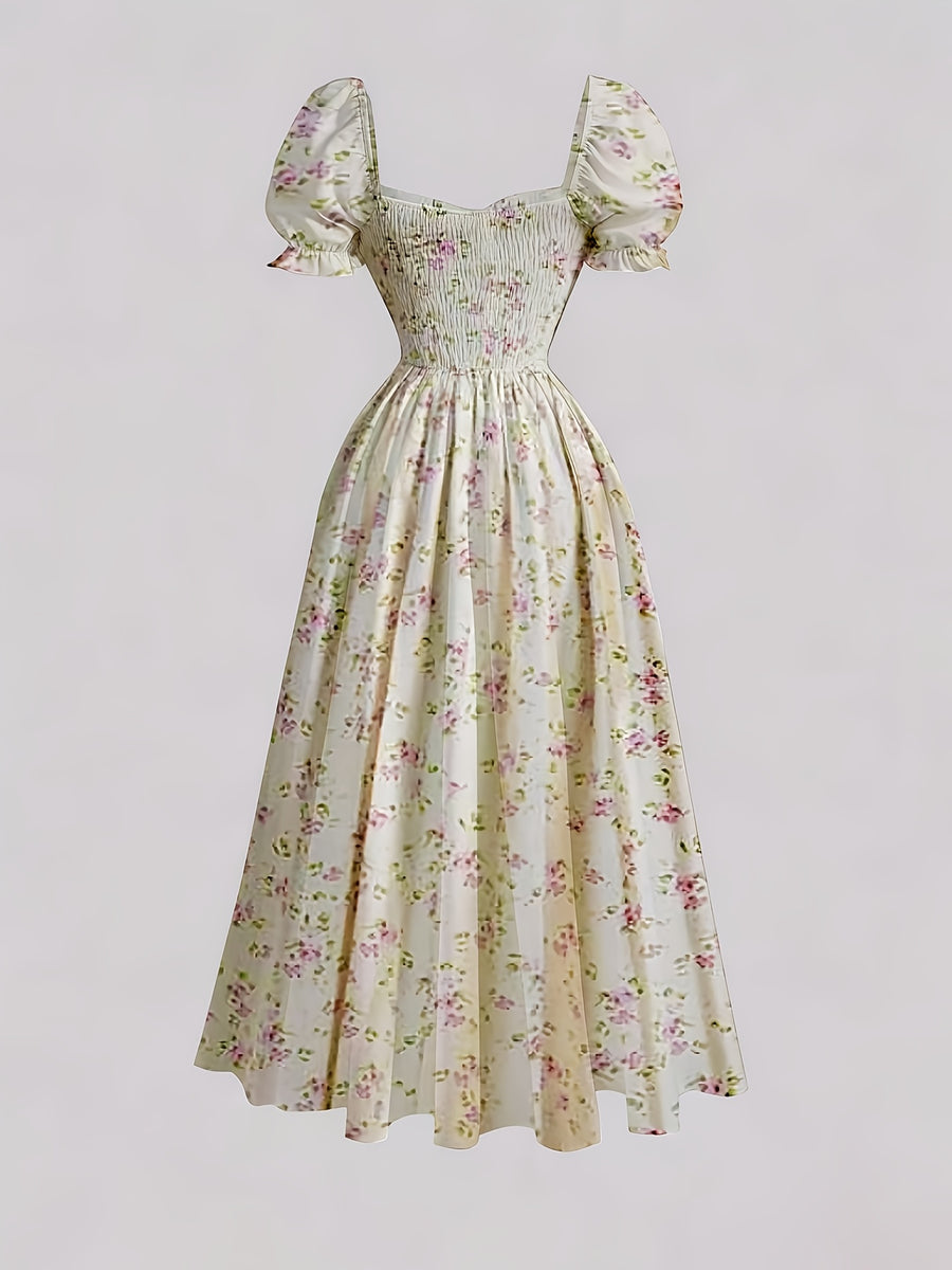 Ladies' New Spring And Summer Elegant Floral Print Long Dress, Bubble Sleeve Design, Front Waist Tie, Back Waist Shirred Waist, Elegant And Flowing, Romantic Long Dress, Suitable for Daily Wear, Party Gatherings, Vacation Holidays - 【Light Yellow】