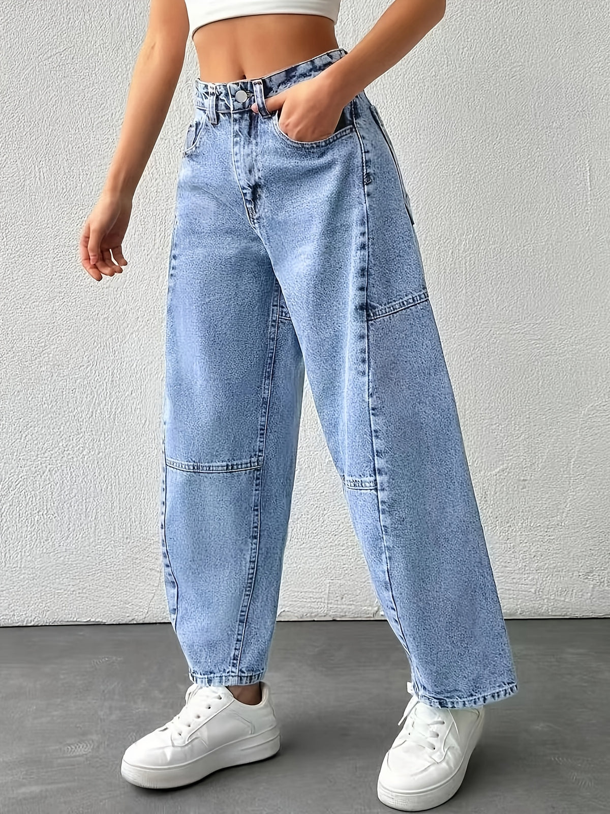 Patchwork Light Blue Women's Denim Ankle Pants - Light Blue