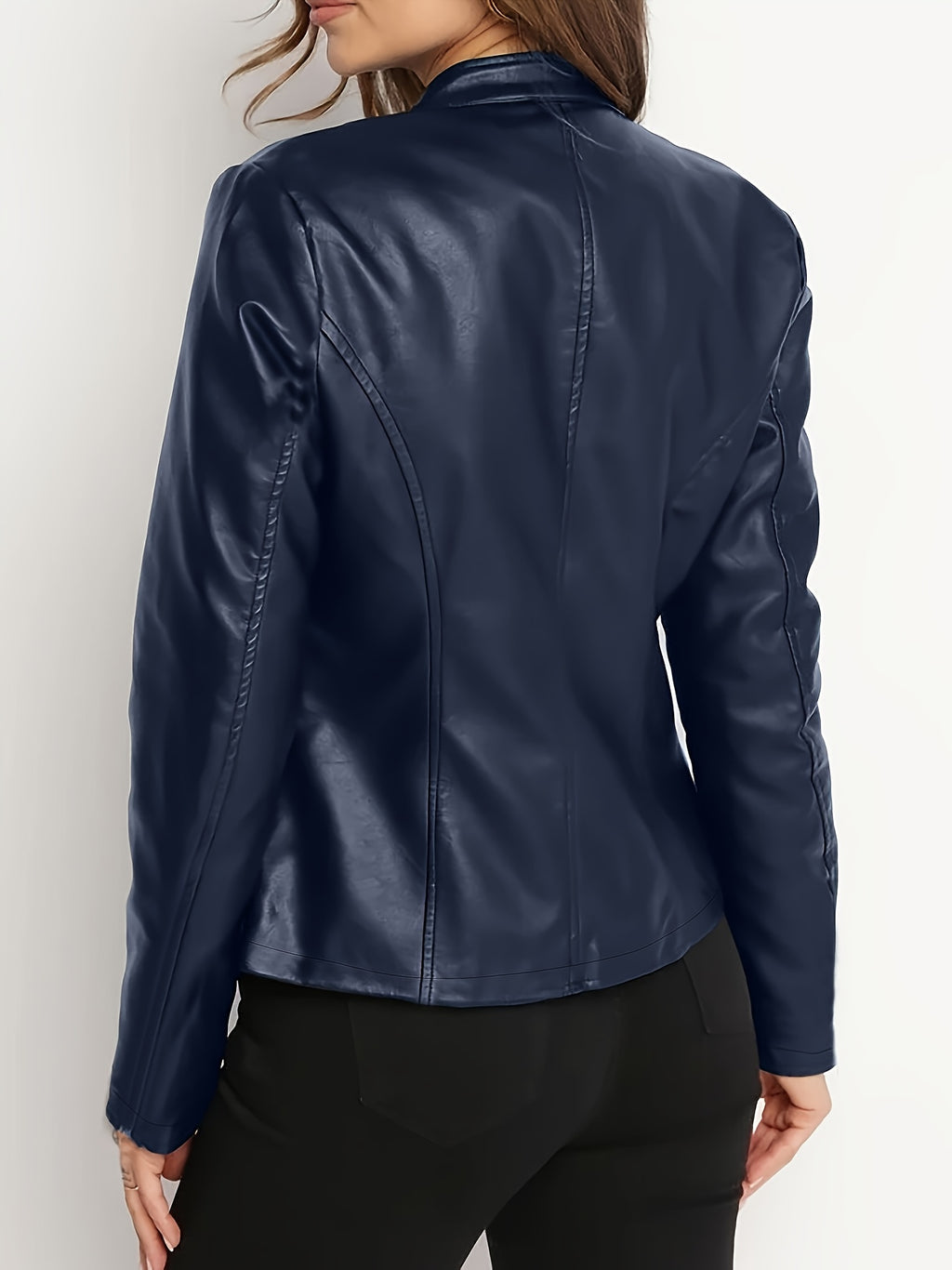 Women's Elegant PU Jacket - 2025 New Style Women's Jacket Outerwear - Full Zip Long Sleeve Motorcycle Biker Jacket for Women, Spring, Autumn, Winter Outerwear, Suitable for Casual and Formal Wear, Durable, Structured Fit, Stand Collar - Blue