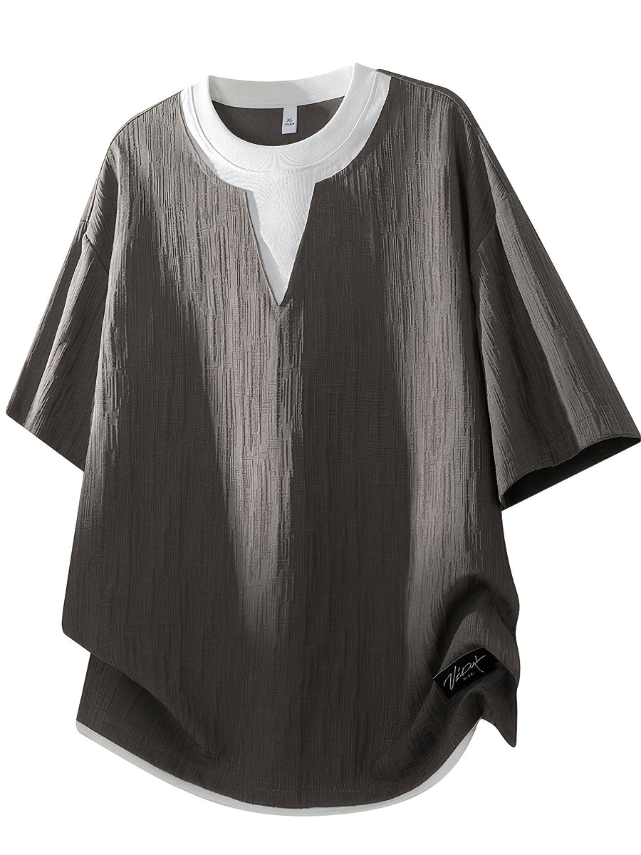 American Faux Two-Piece V-Neck Short Sleeve T-Shirt for Men, Spring Summer All-Match Trendy Couple Wear Loose Casual Short Sleeve Inner Layer, Casual Round Neck with Appropriate Neckline for Inner And Outer Wear - Coffee Brown