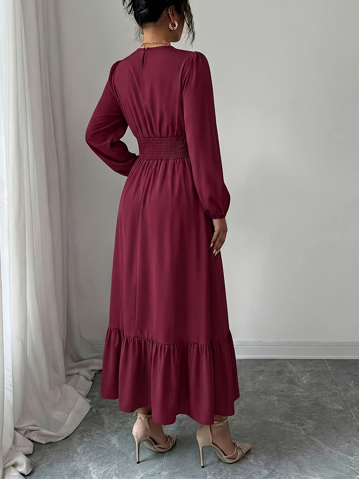Women's Round Neck Ruffle Bubble Long Sleeve Stretch Elastic Waist Flowy Dress, Solid Color Layered Long Skirt with Tiered Ruffle Hem for a Flowing Drape. Suitable for Daily Outings, Beach Trips, Weekend Getaways, and Casual Dates - Deep Red