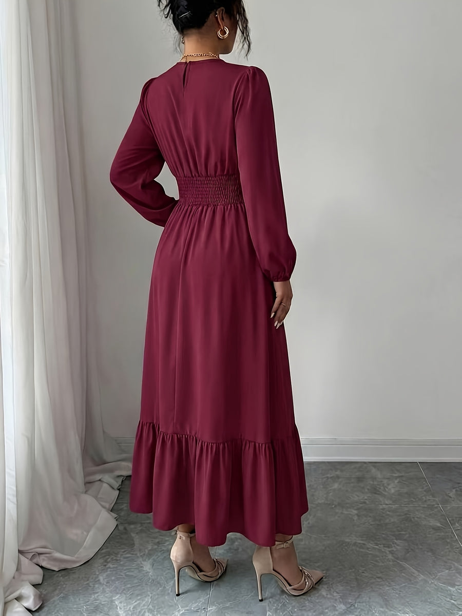 Women's Round Neck Ruffle Bubble Long Sleeve Stretch Elastic Waist Flowy Dress, Solid Color Layered Long Skirt with Tiered Ruffle Hem for a Flowing Drape. Suitable for Daily Outings, Beach Trips, Weekend Getaways, and Casual Dates - Deep Red