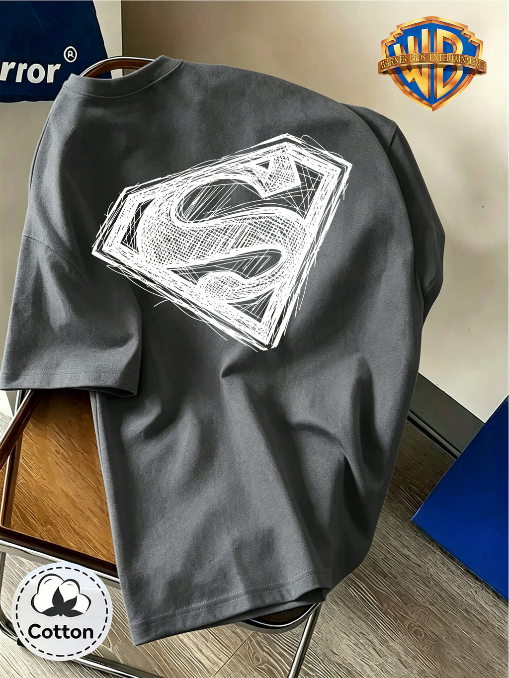 DC Superman Sketch S Logo Print 100% T-Shirt, Unisex Trendy Top, Double-Sided Print Design, Soft Fabric Material, Fashionable And Versatile Round Neck Short Sleeve Top, Designed for Men. Casual And Comfortable, Diverse Styles And Loose Fit - Dark Gray