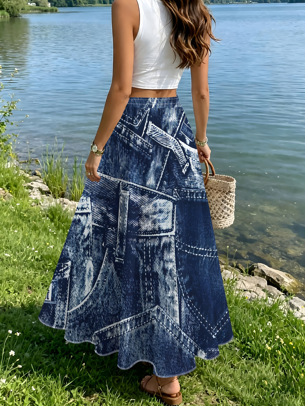 Navy Blue Printed High-Waist A-Line Maxi Skirt - Versatile Casual Vacation Skirt - Mixed colors