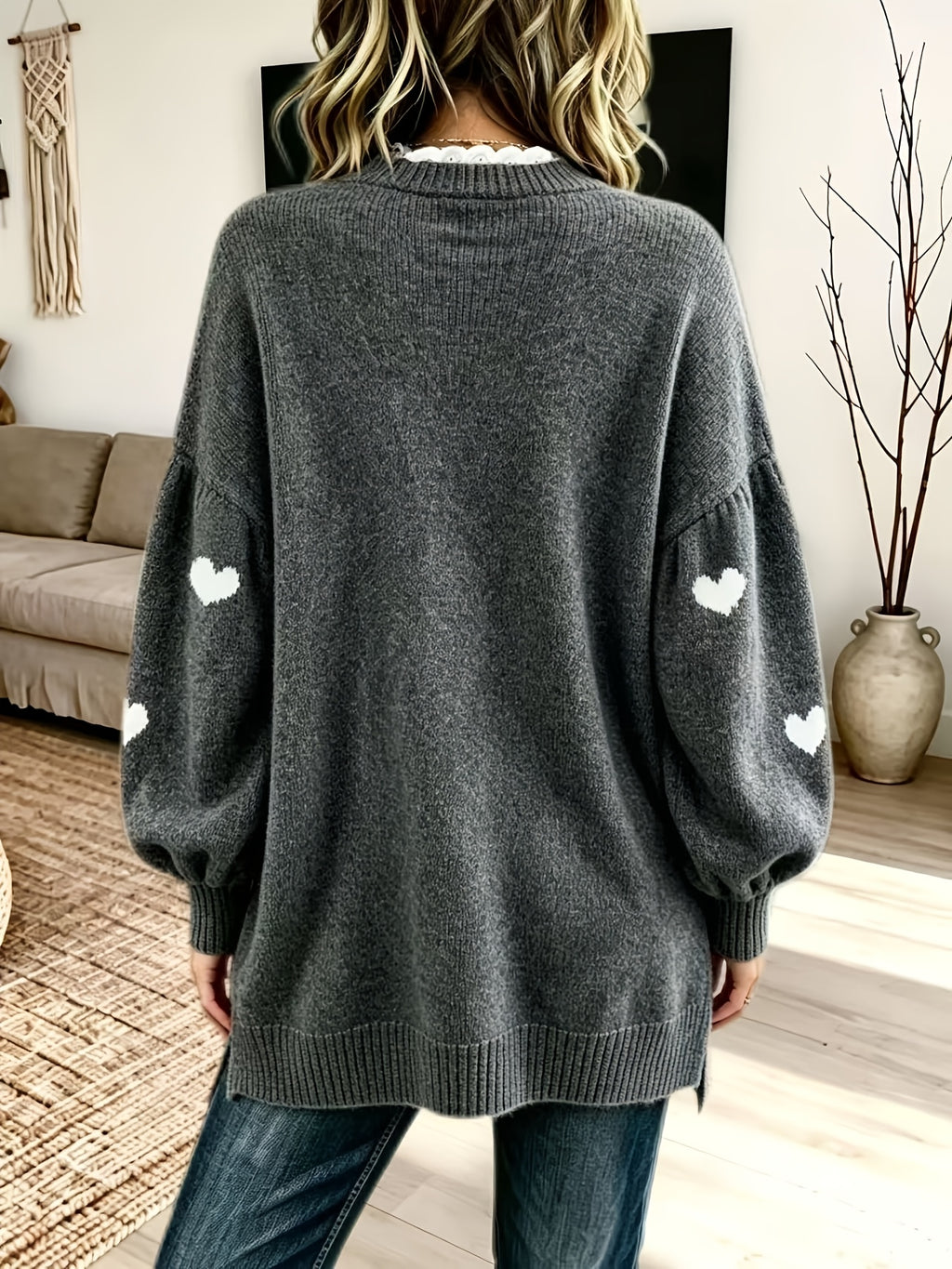 Plus Size - Women'S Elegant Lace Patchwork Sweater, Cute Heart Embroidery Women'S Sweater, Suitable for Autumn And Winter, Loose Fit Long Sweater, Suitable for Commute And Date Outfits - Grey