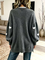 Plus Size - Women'S Elegant Lace Patchwork Sweater, Cute Heart Embroidery Women'S Sweater, Suitable for Autumn And Winter, Loose Fit Long Sweater, Suitable for Commute And Date Outfits - Grey