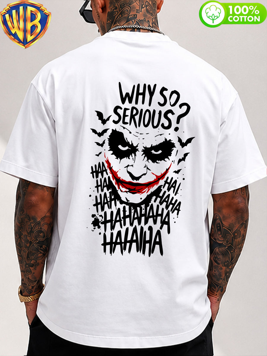 Dark Style Joker "Why So Serious?" Cartoon Print Men'S T-Shirt, Trendy Design Short Sleeve Top, Pure Skin-Friendly Breathable, Casual Versatile Non-Pick Body, Suitable for Daily Commute, Party, Holiday Date, Vacation Travel, Student Outfit - White
