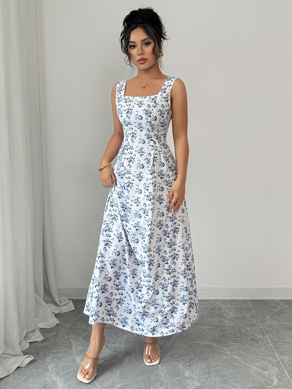 Elegant Square Neck Floral Dress | Sleeveless, Flared Hem, Tie Back Detail, Long Length, Fit And Flare Silhouette, Perfect For Spring/Summer/Fall - Multicolor