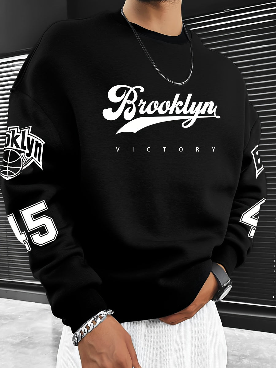 Men's Fashion Casual "Brooklyn Victory" Letter Print Sweatshirt, Polyester Material, Loose Fit, Versatile Men's Sweatshirt - Black