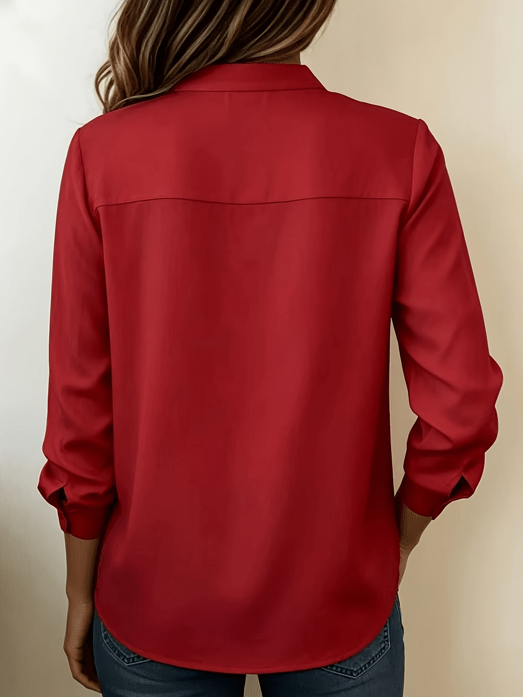 Women'S Elegant New Solid Color Minimalist Small Lapel V-Neck Long Sleeve Shirt, Women'S Top for Daily Commute, Easy And Versatile Blouse, ZLLZ - Red