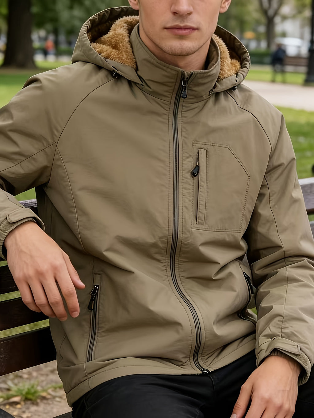 Men's Thick -Lined Casual Hooded Jacket - Khaki-1