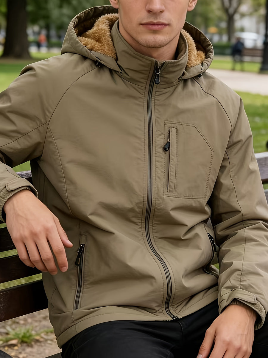 Men's Thick -Lined Casual Hooded Jacket - Khaki-1