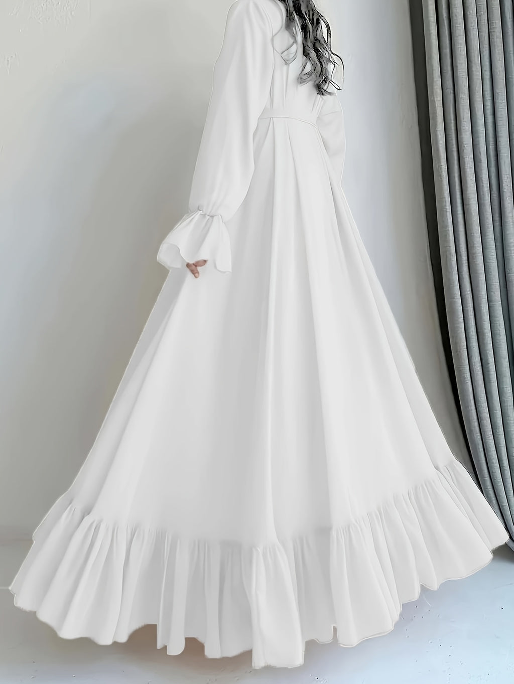Women's Elegant Vintage-Inspired Ruffled Sleeve & Waist Tie-Front Dress - Fitted Solid Color, Machine Washable All-Season Versatile for Casual & Formal Occasions - White