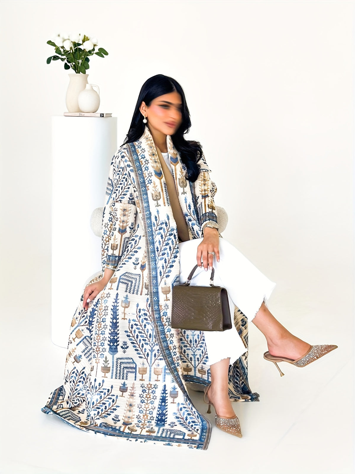 Middle Eastern Fashion Women'S Clothing Eid Abaya Ramadan 2025 Luxury Formal Robe Women Elegant Casual with Belt Open Abaya Pleated Print Long Sleeve Coat Female Clothes Evening Party Prom Ball Gowns - Sky Blue