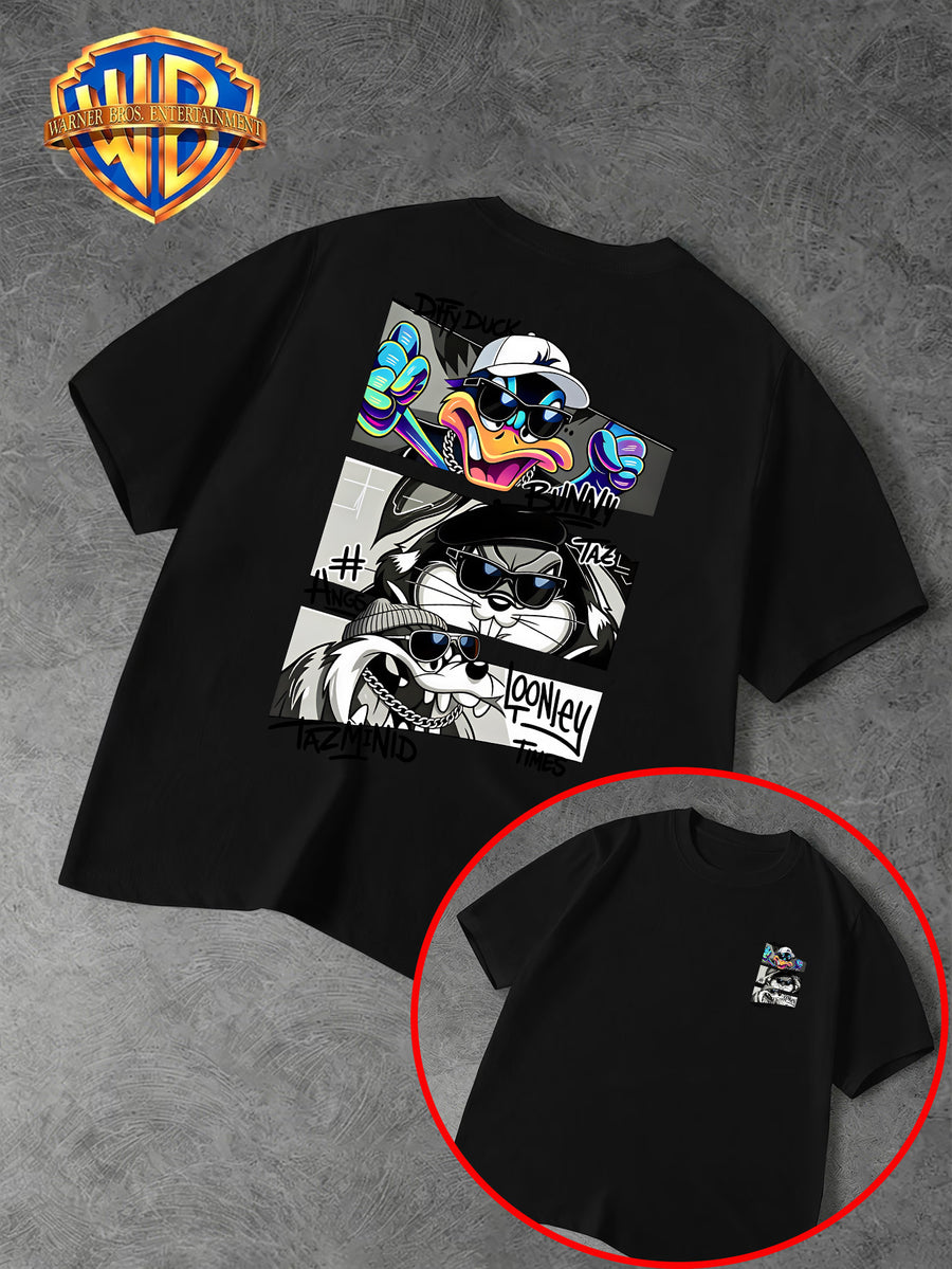 Warner Bros. Official Men's Casual T-Shirt with Double-Sided Print, Featuring a Spliced Character Streetwear Graphic. Breathable and Comfortable, Versatile for Casual Wear. Print Is Durable, Crack-Resistant, Machine Washable, and Fade-Resistant. - Black