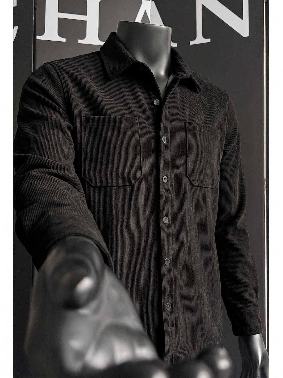 Autumn Winter Men'S Button-Front Double Pocket Retro Shirt Jacket - Black