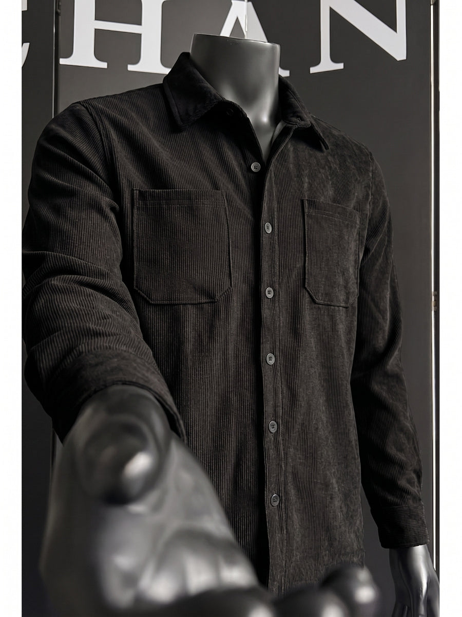 Autumn Winter Men'S Button-Front Double Pocket Retro Shirt Jacket - Black