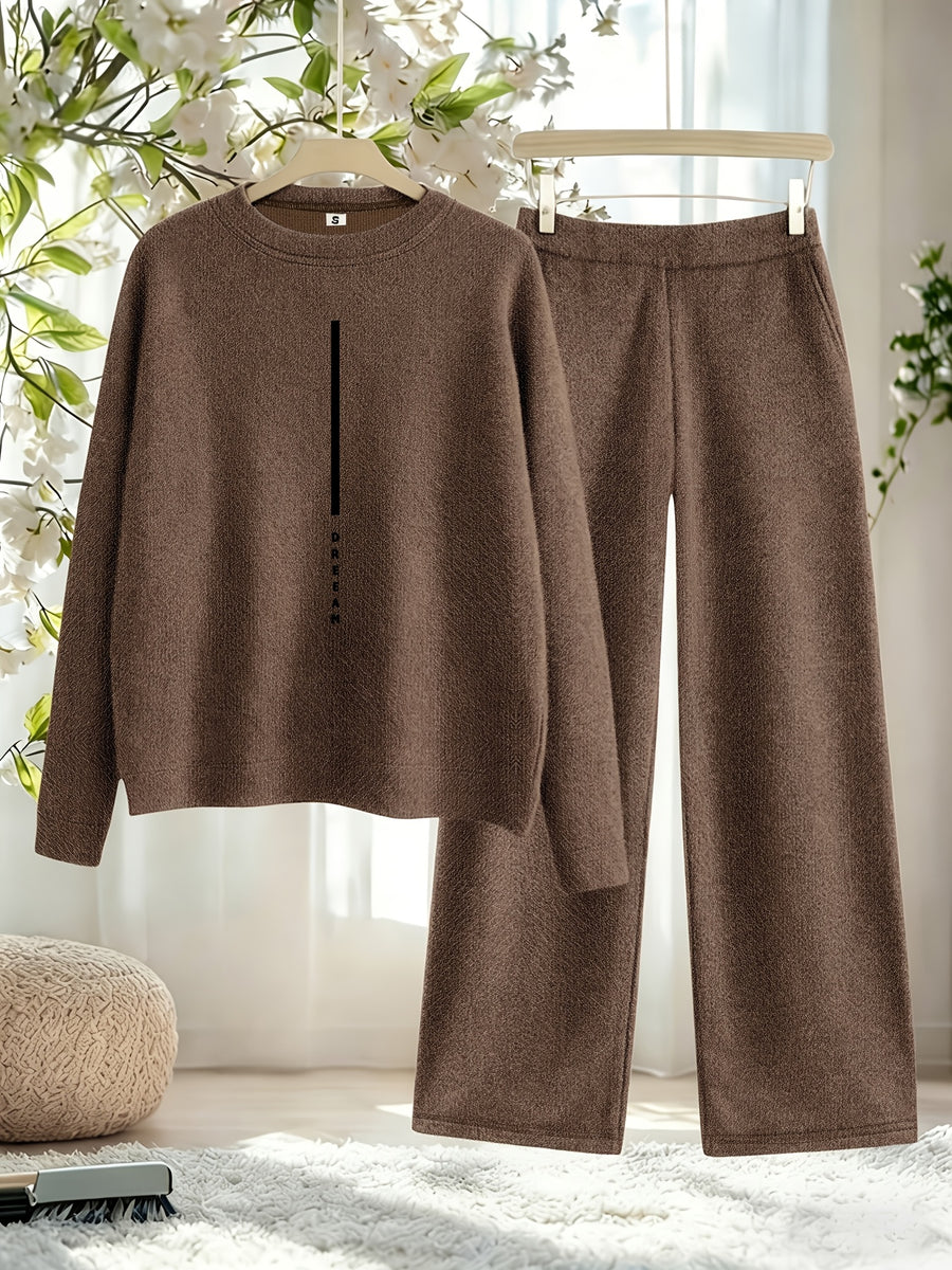 New Arrival Women'S Fall Winter Thick 2pcs Outfit, Printed Loose Crew Neck Faux Pullover Top Straight Leg Pants Set, Fashion Casual Long Sleeve Warm Sweater Matching Set, Soft Washable Loungewear for Home Outdoor Wear - Dark Coffee Color