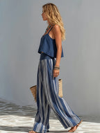 Women'S Autumn Bohemian Style Waist-Cinching Navy Blue And White Striped Wide-Leg Long Pants - Navy Color