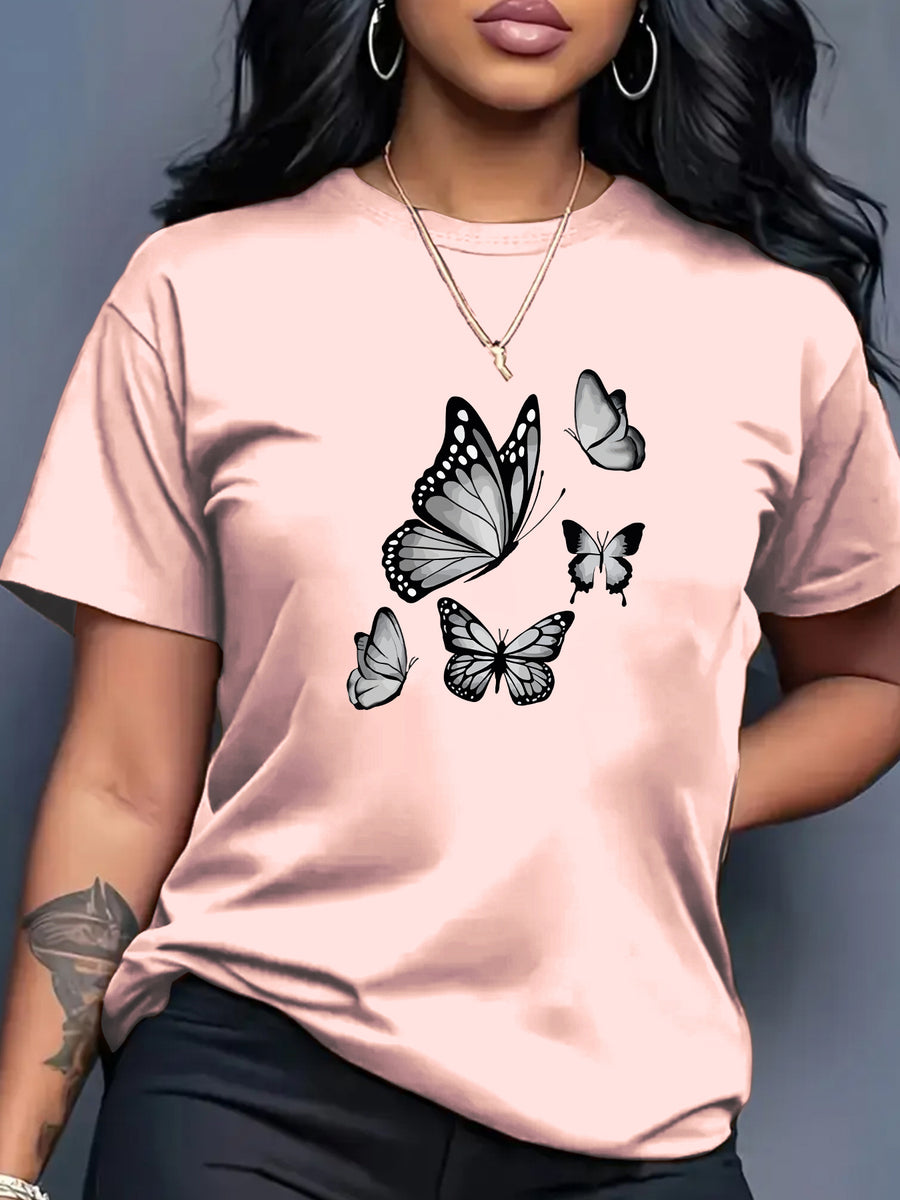 Spring And Summer Trendy Butterfly Print Women'S Casual Fashion Round Neck Short Sleeve T-Shirt, a Stylish Top for - Light Pink Color