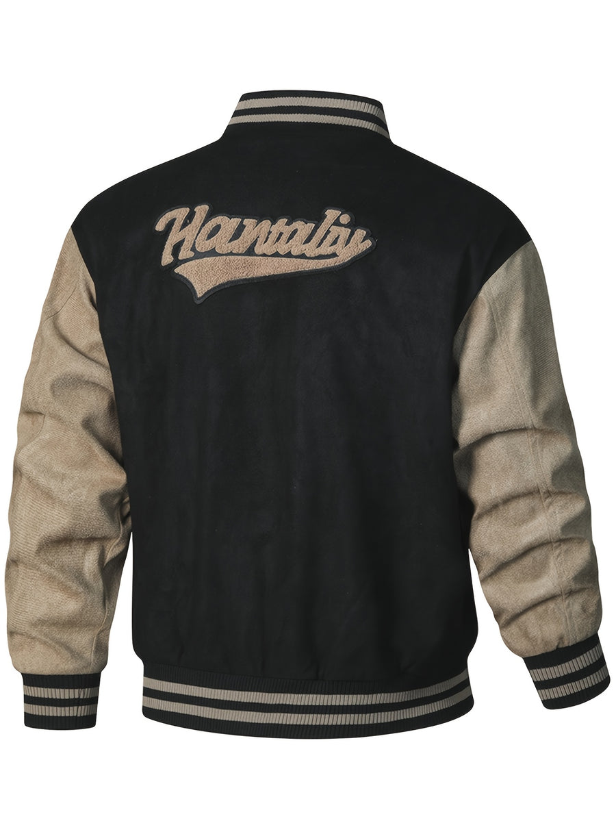 (New in Spring) Unisex, with Letter Embroidery on Chest, Casual And Fashionable, College-Style Baseball Uniform Jacket - Black
