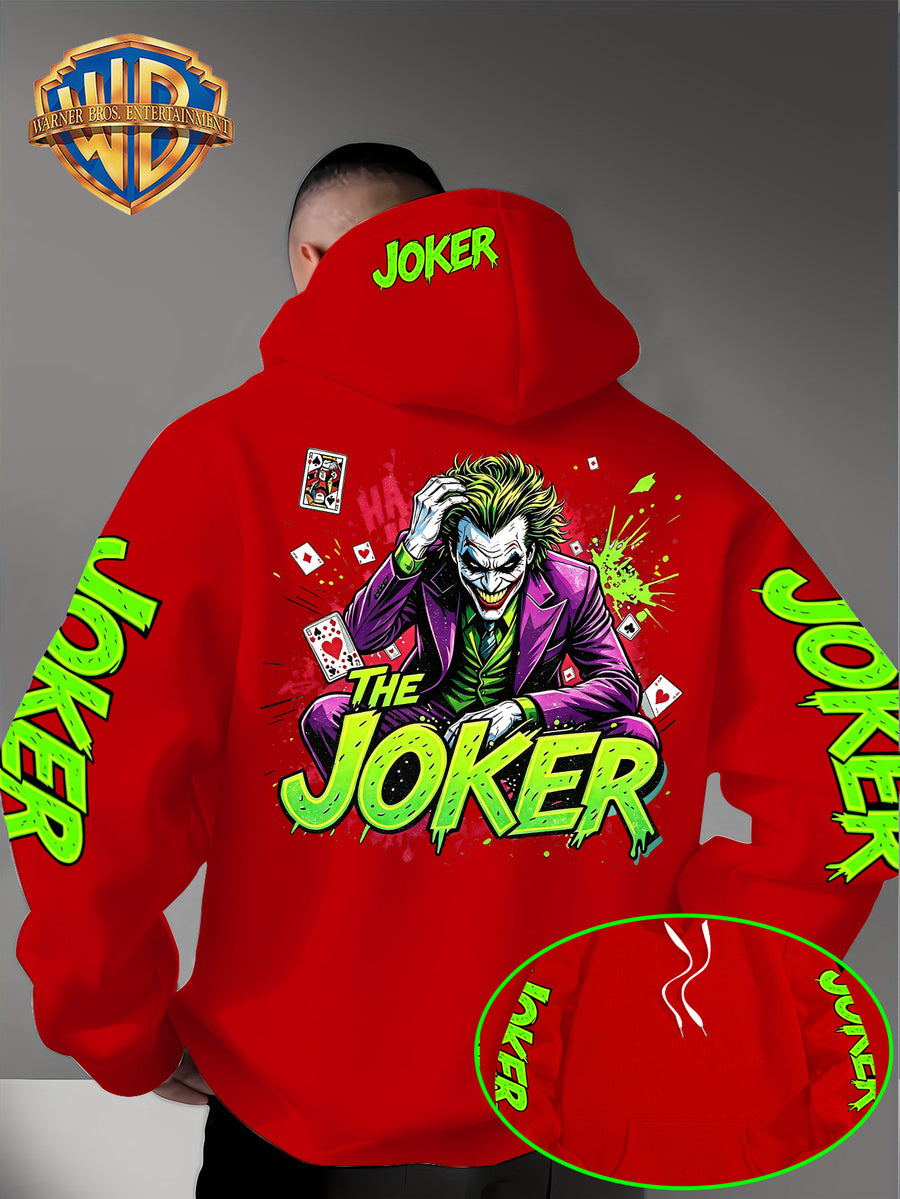 Official Warner Bros. Joker Comic-style Print Featuring Red and Green Ink-splatter Effects and "THE JOKER" Lettering. The Sleeves and Back of the Hood Are Adorned with Green "JOKER" Lettering. This Men's Trendy Printed Hooded Sweatshirt Features - Red