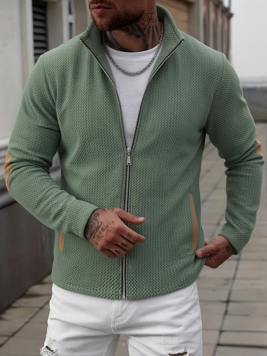 Men's Full-Zip Jacket with Herringbone Patchwork Collar & Stand Collar - Loose Fit Winter Coat, Zippered Outerwear Suitable for Fall/Winter, Machine Washable Warm Jacket for Casual Wear and Layering - Military Green