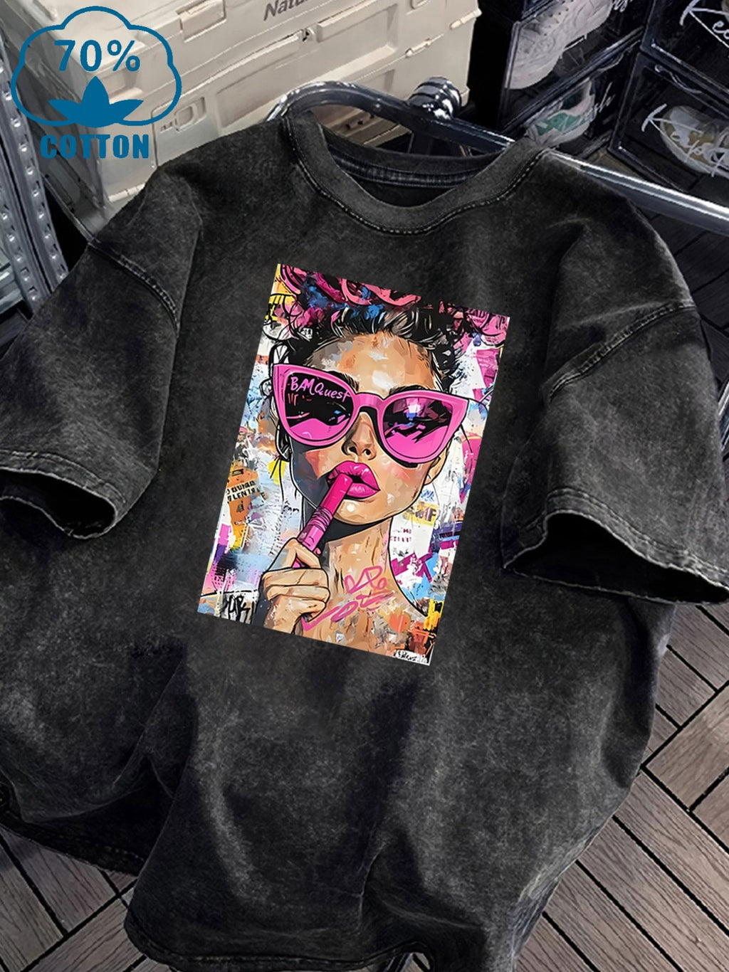 Women's Washed T-shirtVintage Washed Women's T-Shirt with Bold Pop Art Print, Perfect for Casual Outings or Home Relaxation, Lightweight and Durable Blend, Stylish Statement Piece for Everyday WearWomen's Top Tee - Deep Grey