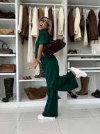 Women'S Suit Set, Air Mesh Fabric Relaxed Short Sleeve Wide-Leg Pants Set, Casual Wear - Green