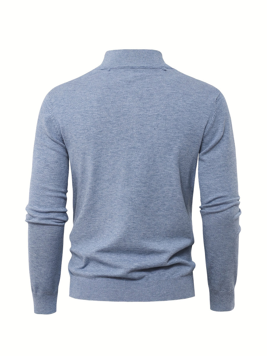 2025 New Men's Casual Solid Color Knit Zip-Front Sweater - Thickened Warm Top - Fashionable Minimalist Style with Medium Stretch for Daily Comfort, Men's Essential Cold-Weather Item, High-Quality Autumn/Winter Fashionable and Mature Pullover - Haibo Blue