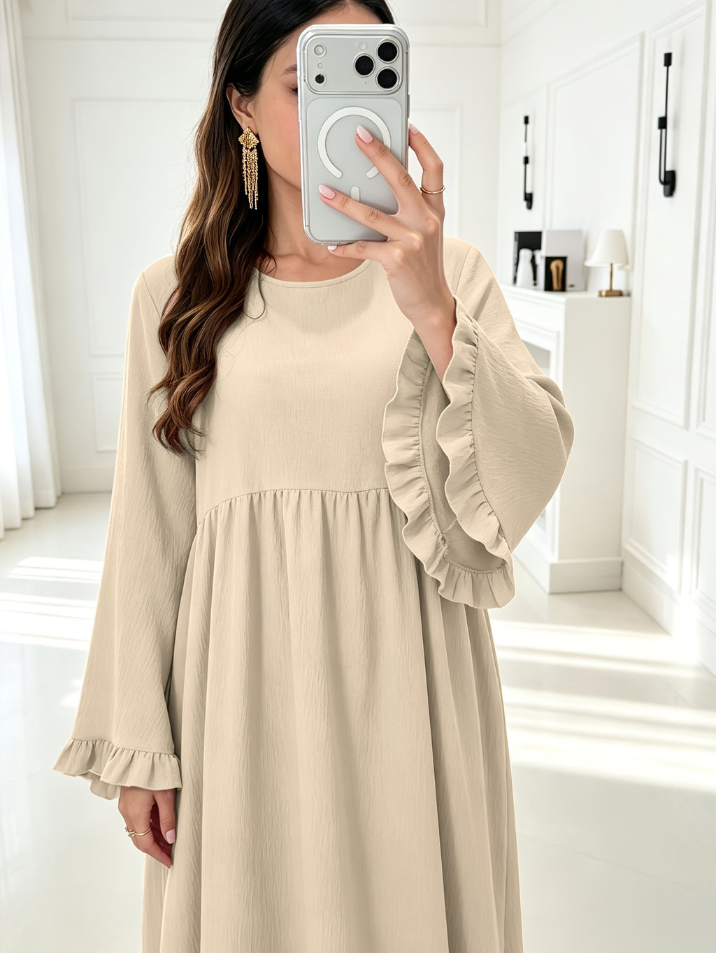 Round Neck Long Dress with Ruffled Flared Wide Sleeves, Soft Lightweight Breathable Fabric Loose Swing Style Dress for Women Daily Home And Outdoor Casual Matching - Off-white