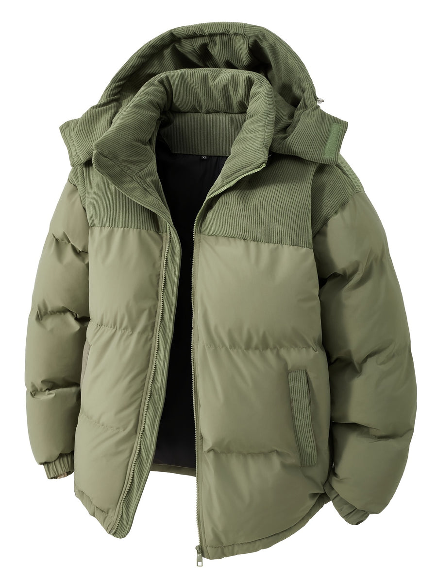 New Men'S Fall Winter Thick Corduroy Jacket Casual Warm Coat - Hooded Jacket, Removable Hood, Warm Winter Overcoat, Suitable for Casual And Formal Occasions, Easy Care Hand Wash Design, Winter Dress, Durable Material - Gray Green