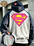 New Autumn/Winter Men's Hooded Jacket, Streetwear Trendy Casual Versatile Color-Block Patchwork Outerwear, Classic Pink Shield-Shaped "S" Logo Pattern Fashionable  Print, High Street Streetwear Brand Fashionable Loose Fit Couple's Sweatshirt - Light Twist Gray