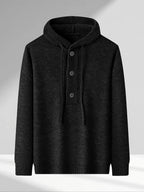 Men'S Hooded Henley Knit Pullover Sweater, Half-Button Drawstring Long Sleeve Ash Gray Solid Color Sweater, Soft Warm Regular Fit Casual Top, Men'S Commute Fall Winter Wear - Black