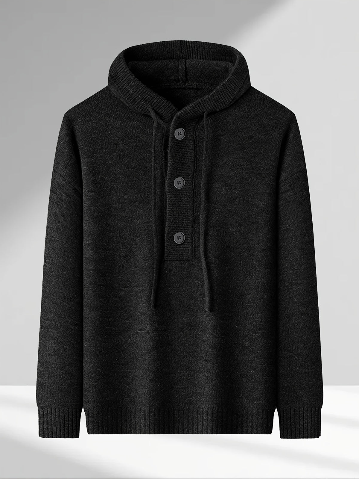 Men'S Hooded Henley Knit Pullover Sweater, Half-Button Drawstring Long Sleeve Ash Gray Solid Color Sweater, Soft Warm Regular Fit Casual Top, Men'S Commute Fall Winter Wear - Black