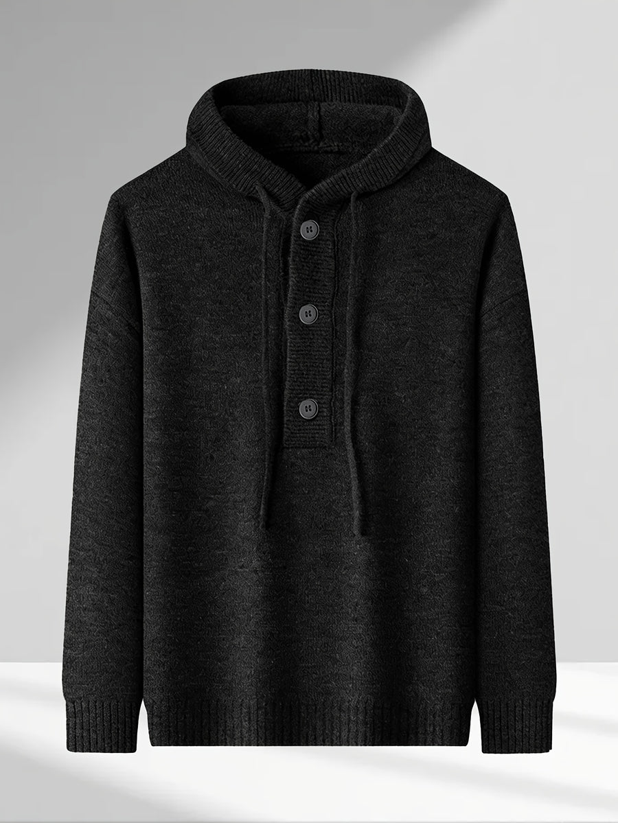 Men'S Hooded Henley Knit Pullover Sweater, Half-Button Drawstring Long Sleeve Ash Gray Solid Color Sweater, Soft Warm Regular Fit Casual Top, Men'S Commute Fall Winter Wear - Black