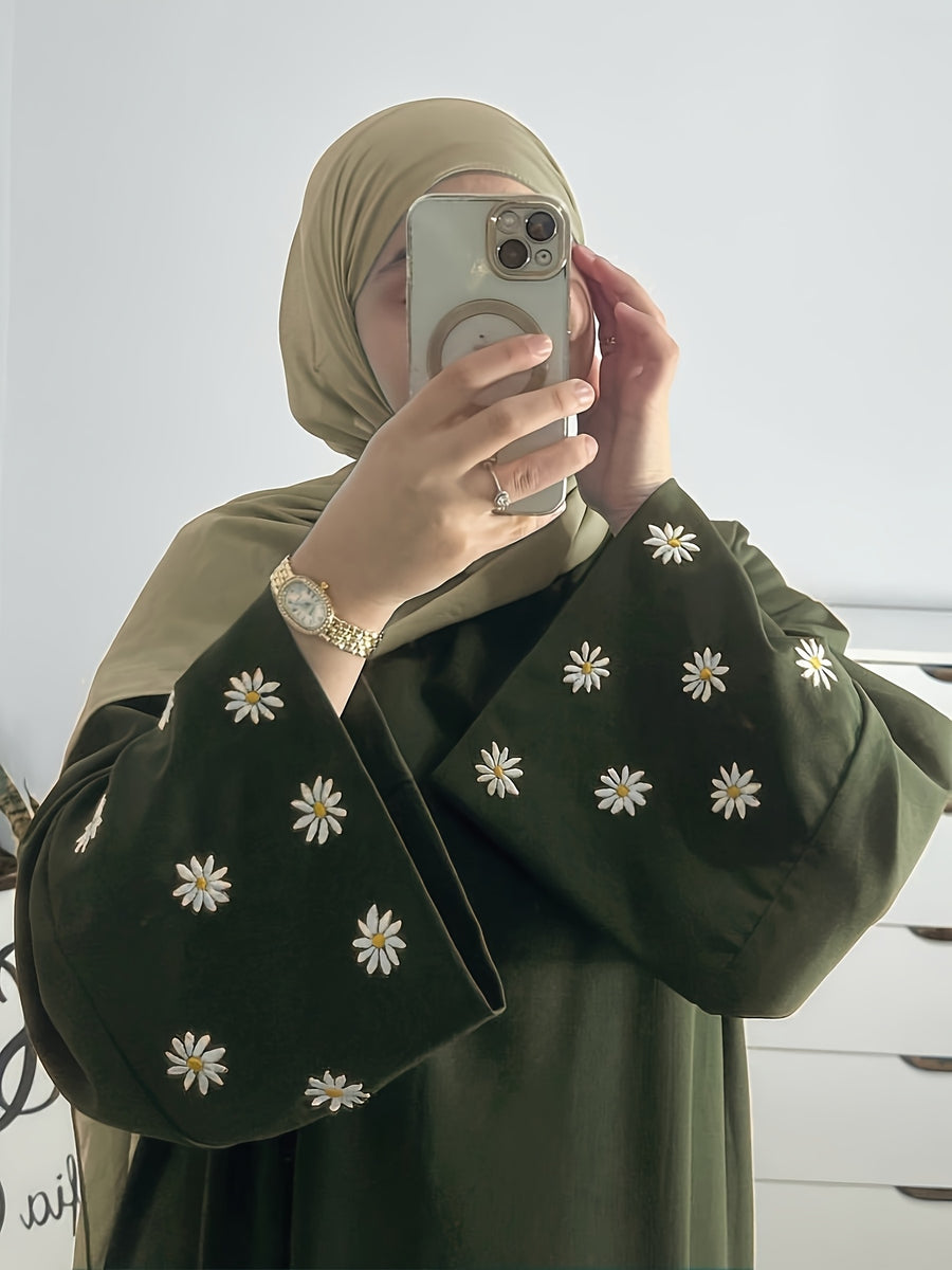 1pc (Headscarf Not Included) Elegant Cute Cuffed Small Daisy Embroidery Dress, Fashionable, Elegant, And Casual Abaya Dress with Embroidered Small Chrysanthemums at The Cuffs, No Scarf, Solid Color, Suitable for Daily Wear - Olive Green