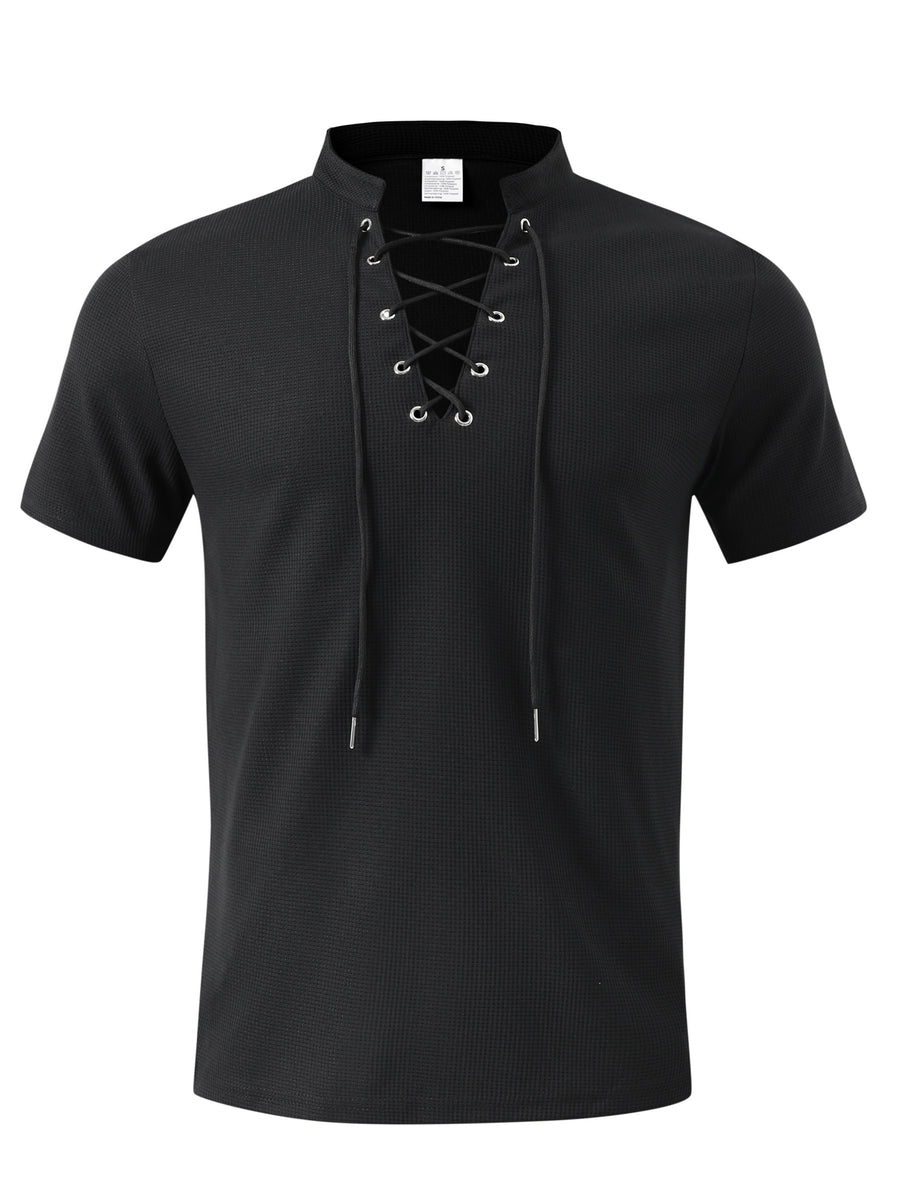Breathable Fabric Summer Men'S Waffle Skinny Short Sleeve American Oversized Casual V-Neck Tie-Up T-Shirt - Black