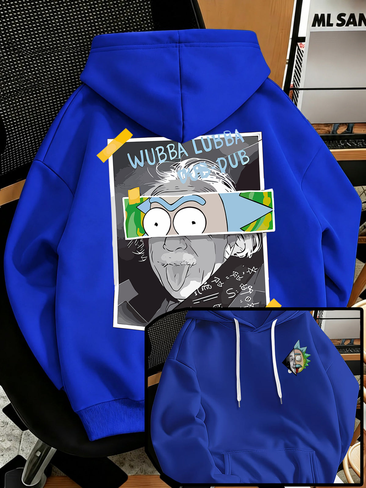 Warner Bros Official Men's Fashion Sweatshirt, Rick's Classic Catchphrase Collage Einstein Polaroid Print Design, Men's Fashion Hoodie Loose Fit with Adjustable Drawstring, -Lined Sweatshirt for Comfortable Fall/Winter Wear, Outdoor Sports Casual - Blue