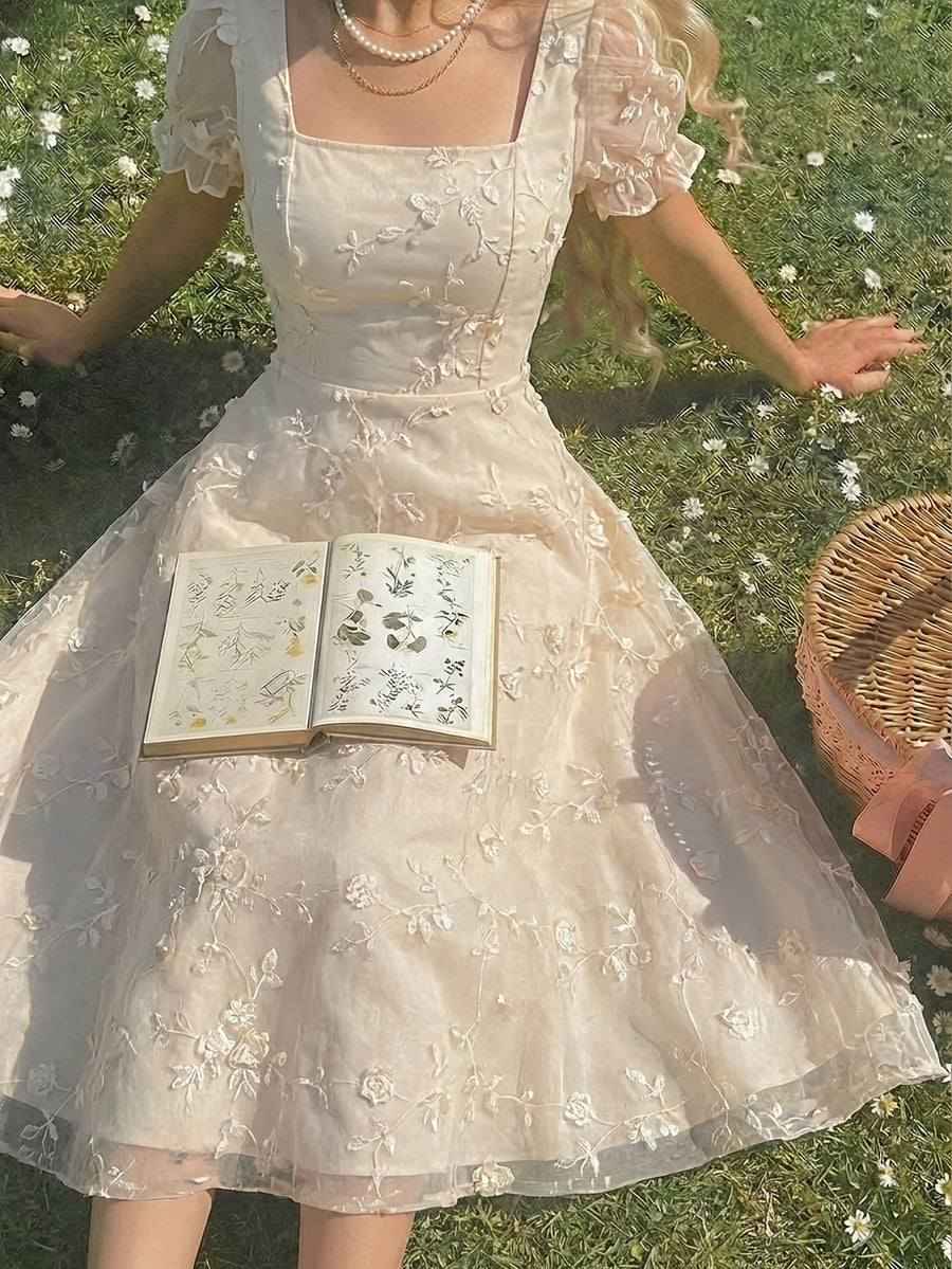 French-Style Pastoral Sweet Mesh Solid Color Maiden Dress - Apricot