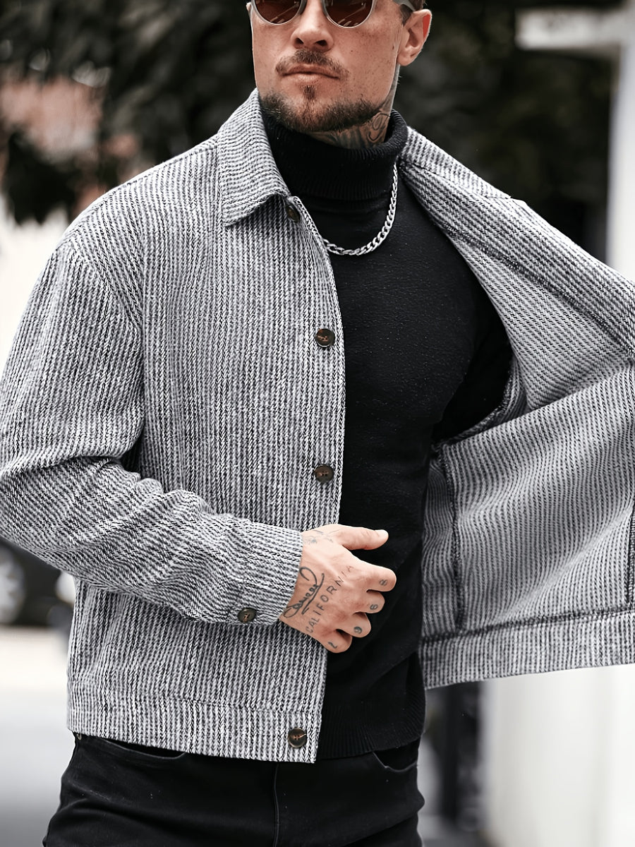 Fashionable Men's Winter Black and White Vertical Stripe Short Tweed Jacket, Streetwear Casual Lapel Single-Breasted Vintage Tartan Utility Coat - Black And White Stripes