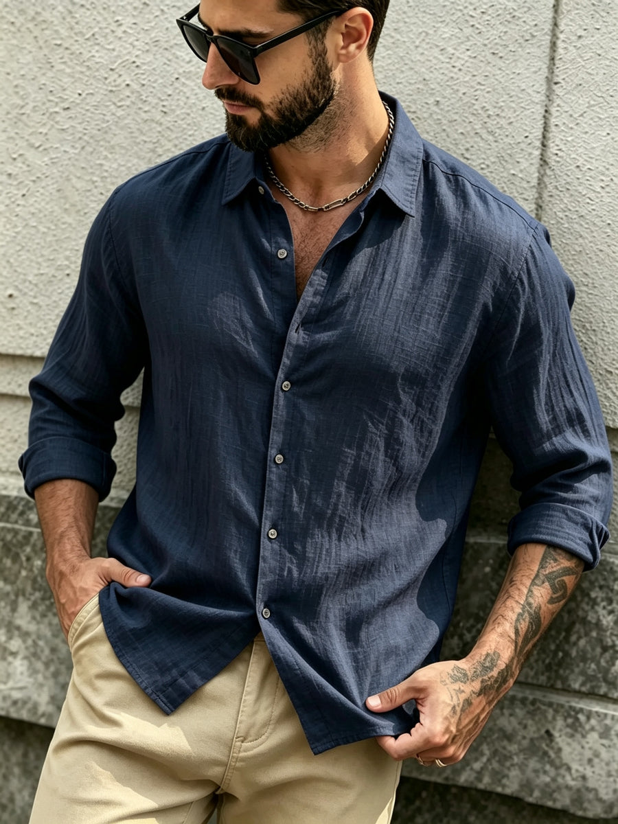 The Preferred Gift for Back to School Season Is Men's Casual Shirts. Spring and Autumn Long Sleeved Shirts Are Trendy, Loose, Solid Color, Breathable and Versatile Tops, Making Them the Perfect Holiday Gift - Navy Color
