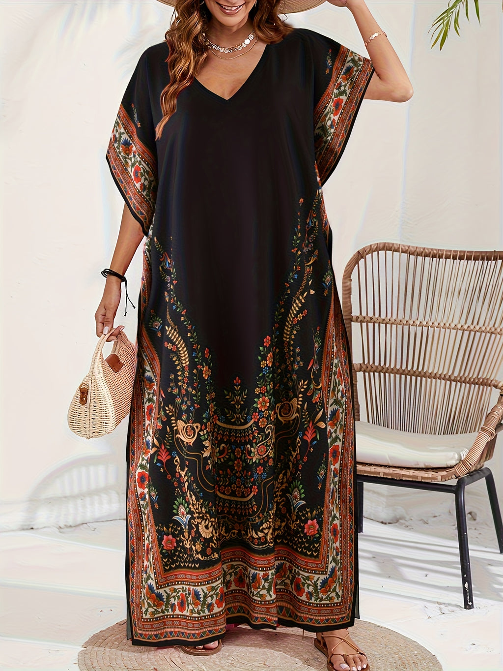 Women'S Middle Eastern Style V-Neck Floral Muslim Abaya, Bohemian Beach Casual Dress - Mixed colors