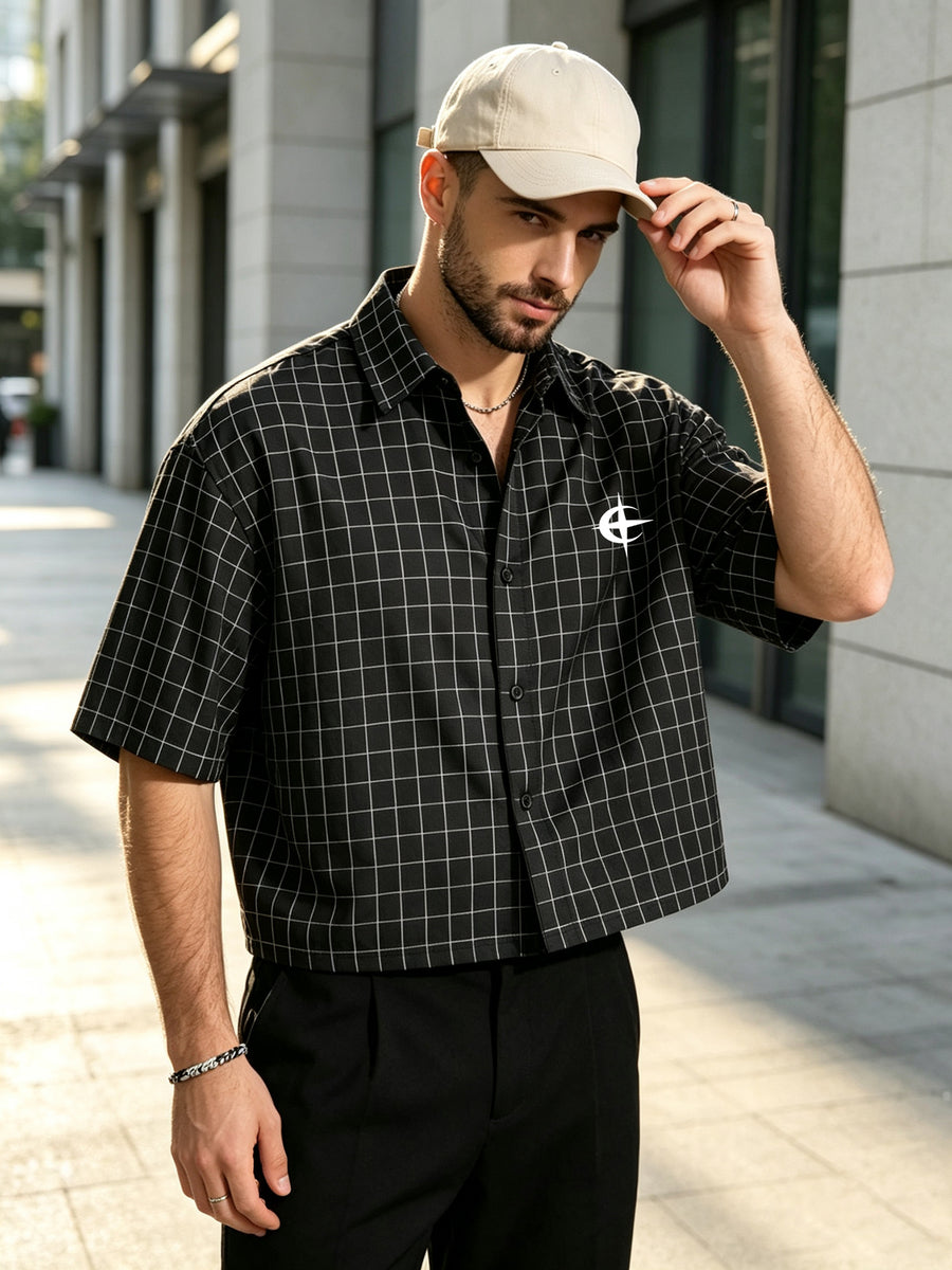 Men'S Summer Plaid Short-Sleeve Cropped Shirt, Easy Line Print Lapel Shirt, Casual All-Match Short Top - Black